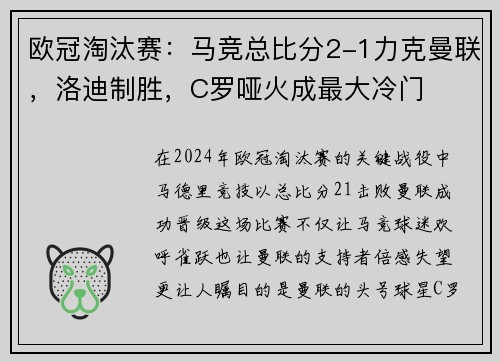 欧冠淘汰赛：马竞总比分2-1力克曼联，洛迪制胜，C罗哑火成最大冷门