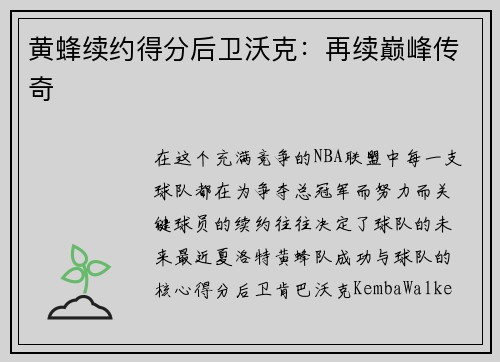 黄蜂续约得分后卫沃克：再续巅峰传奇
