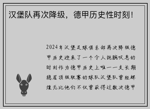 汉堡队再次降级，德甲历史性时刻！