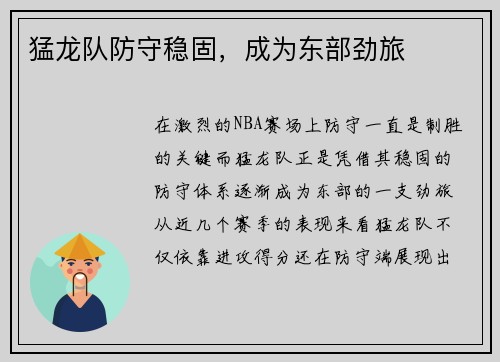 猛龙队防守稳固，成为东部劲旅