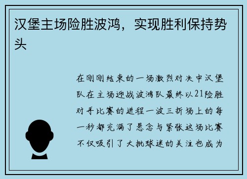 汉堡主场险胜波鸿，实现胜利保持势头